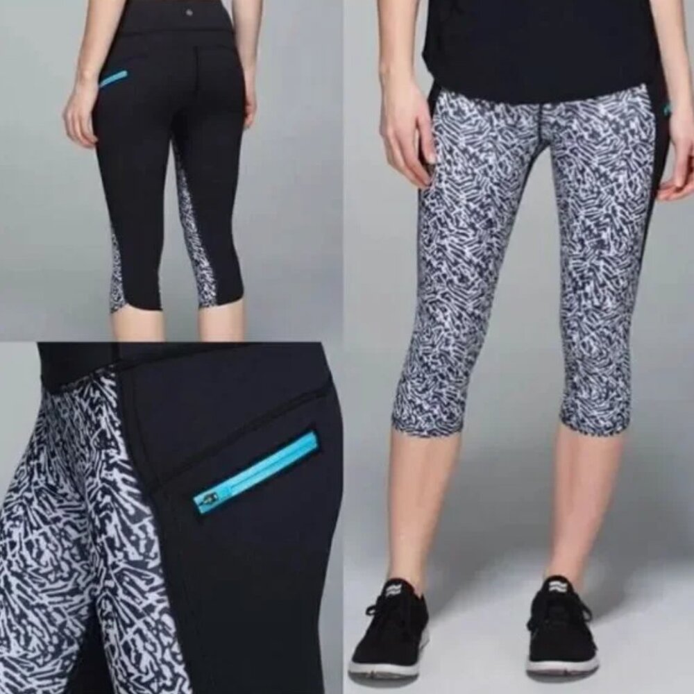 Lululemon Run Top Speed Crop Tight Leggings, Size 6 Black White 17”